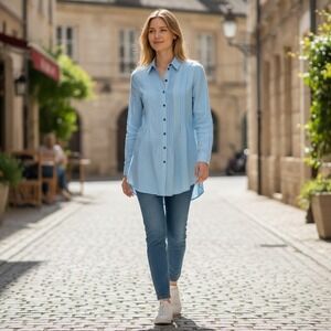 SUNDANCE Blue Katina Linen‎ Pintuck Tunic Shirt Sz M Pleated Boho Travel Relaxed